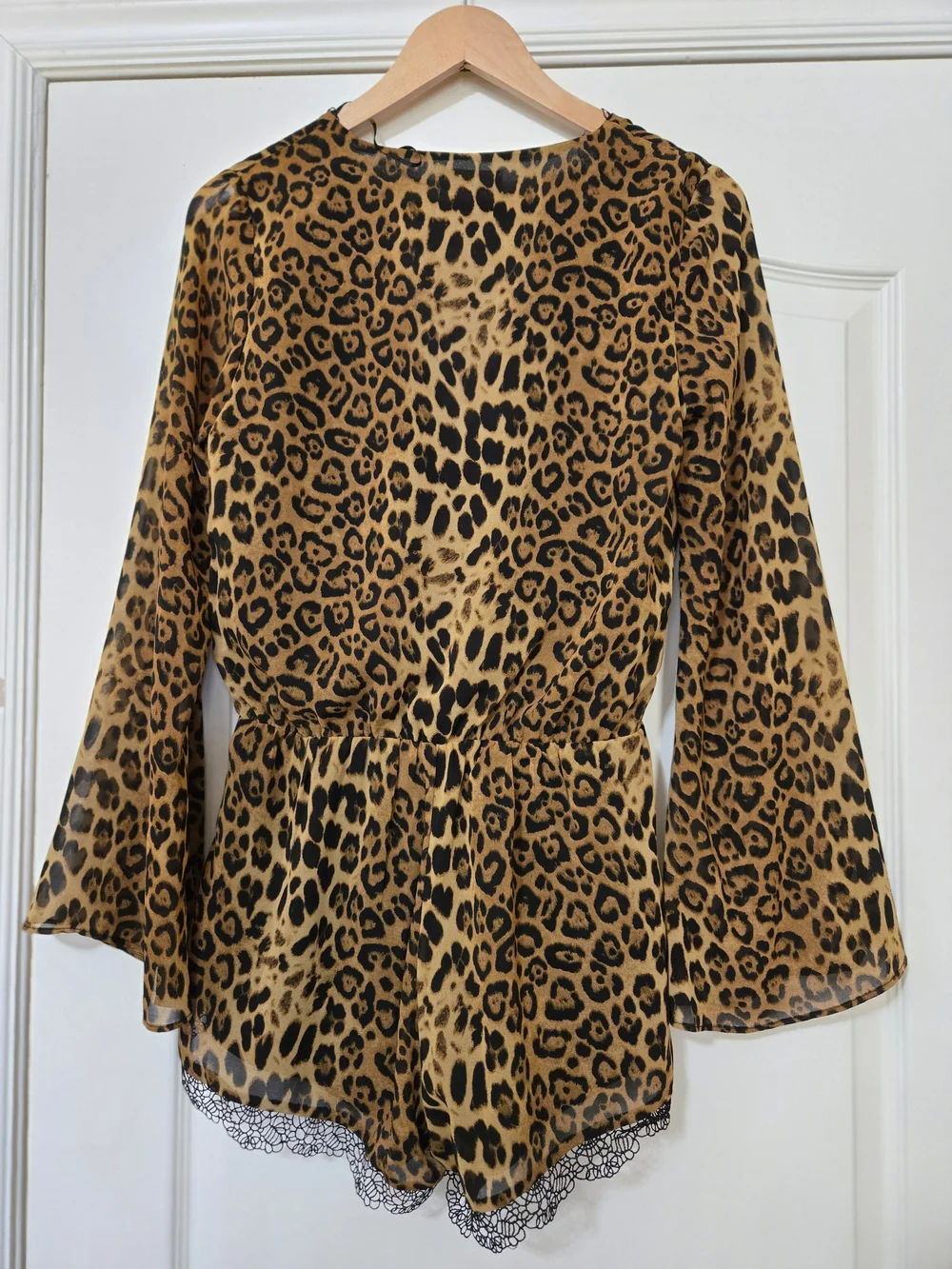 Cotton Candy Leopard-Print Lace Trim Romper in Brown and Black
